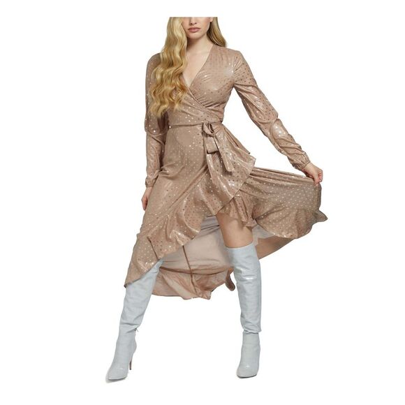 GUESS Dresses & Skirts - GUESS Womens Brown Tie Lined Long Sleeve Midi Evening Wrap Dress XS